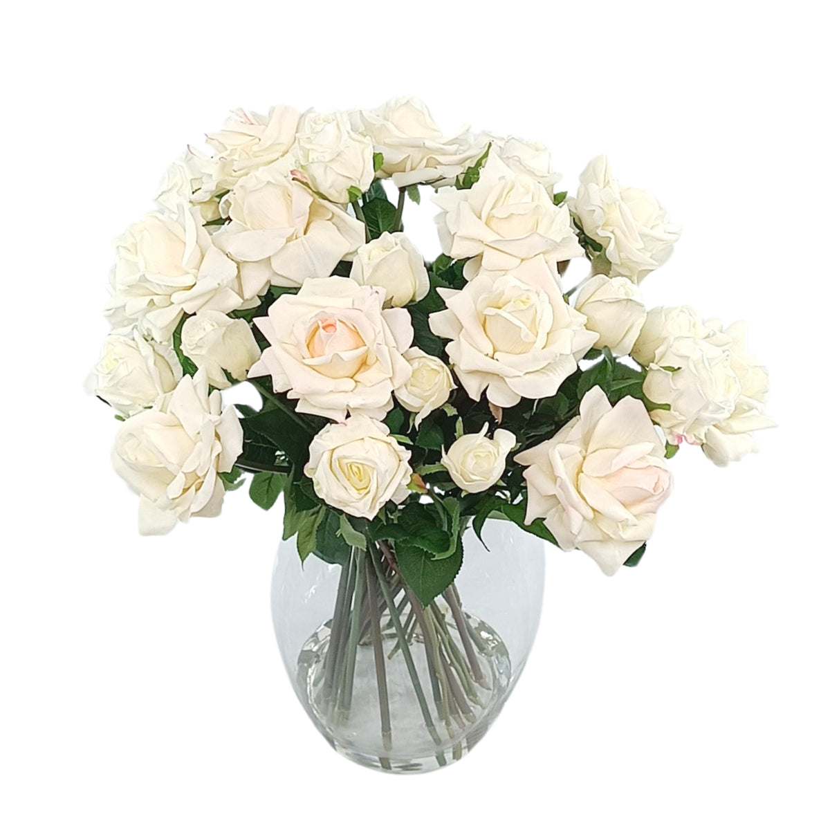 Roses White Arrangement in Glass Barrel Vase