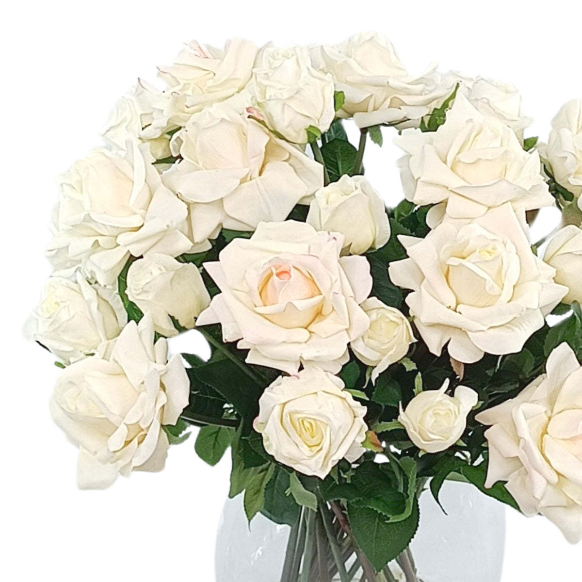 Roses White Arrangement in Glass Barrel Vase