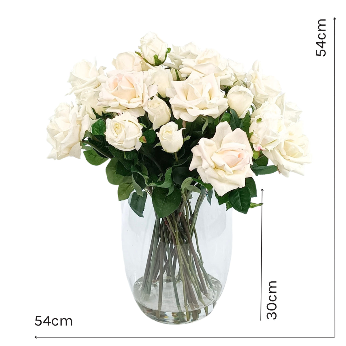 Roses White Arrangement in Glass Barrel Vase