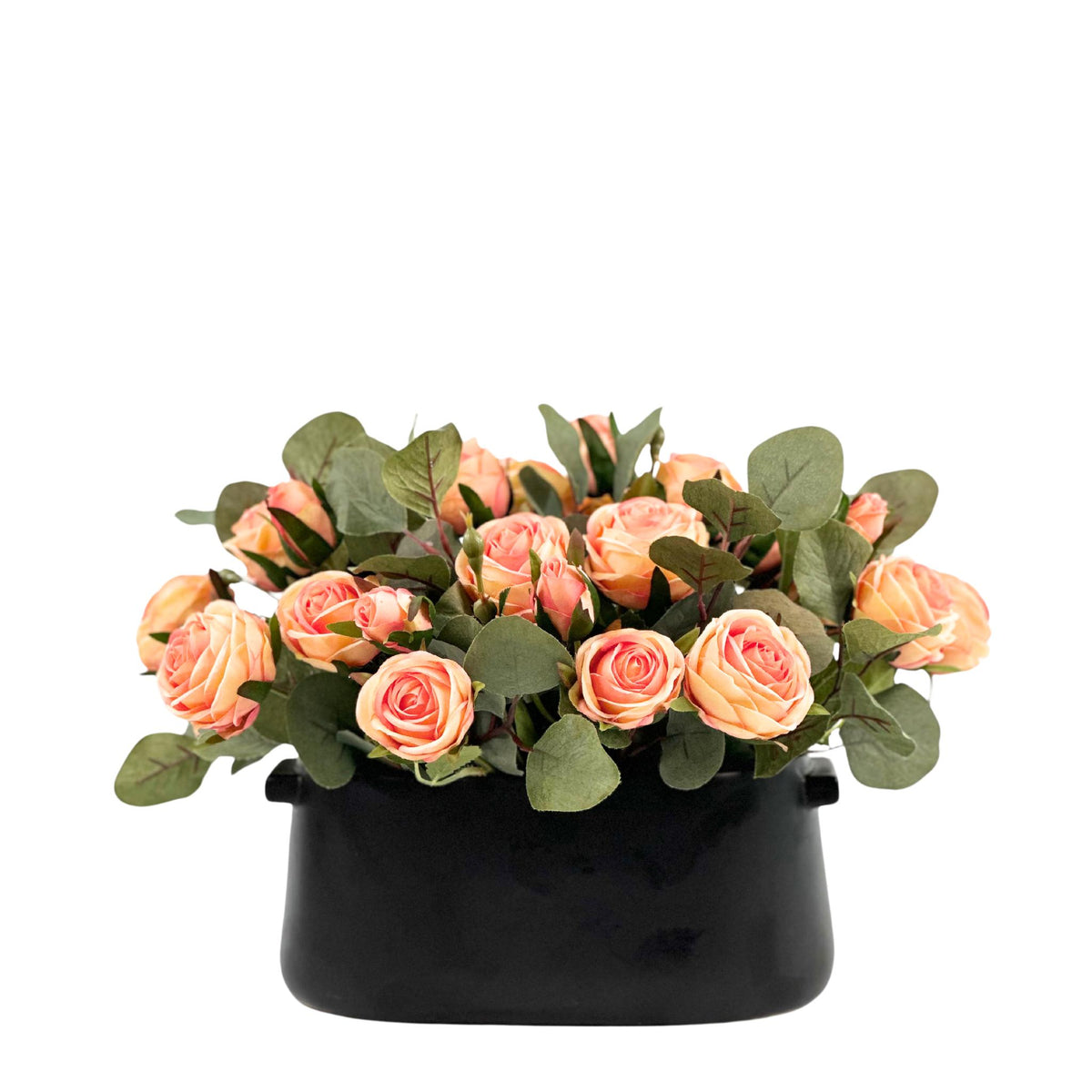 Roses Peach Silk Flower Arrangement in Black Ceramic Planter. Full front view. Available from www.plantcouture.co.za