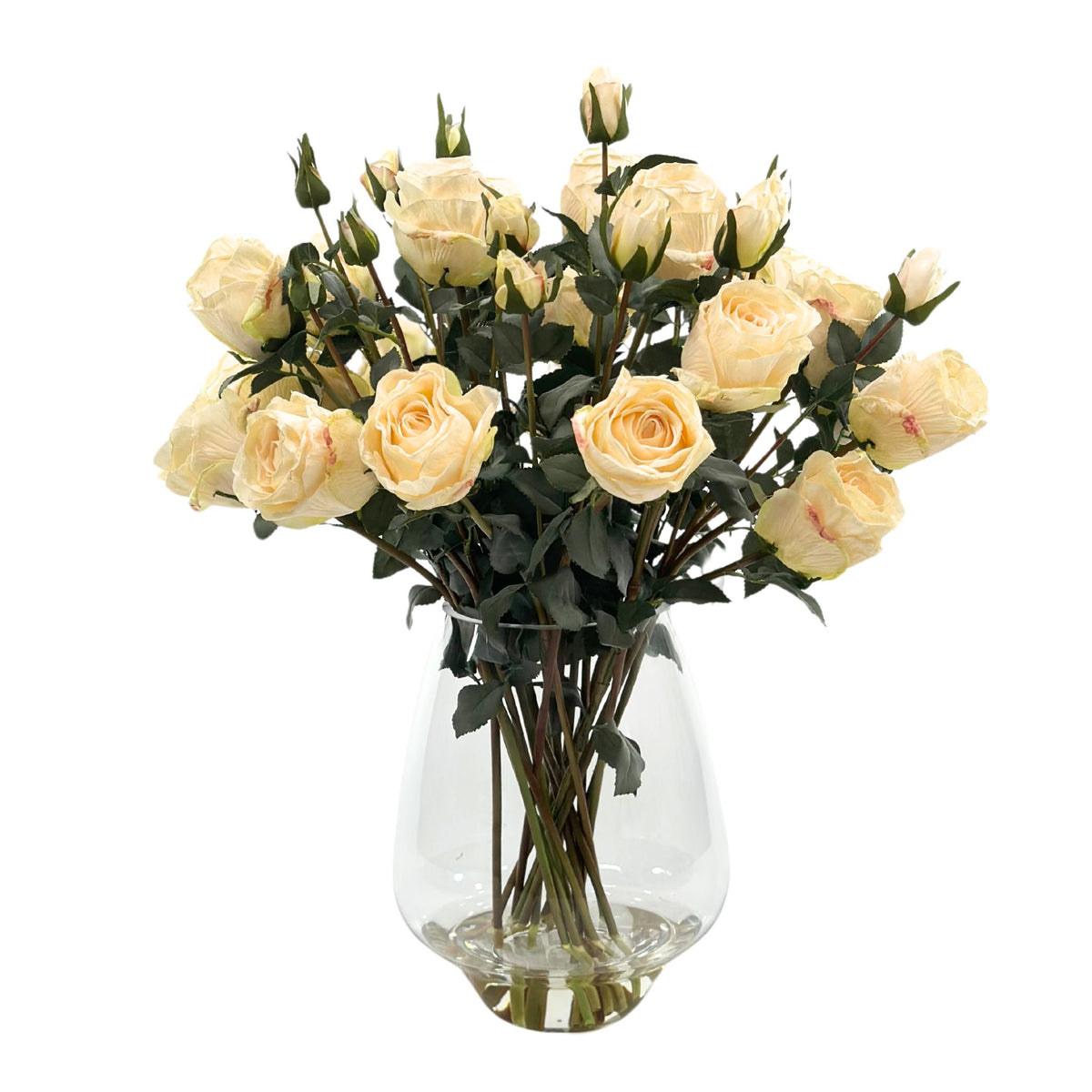 Roses Cream Silk Flower Arrangement in Pyramid Glass Vase. Front view. Plant Couture.