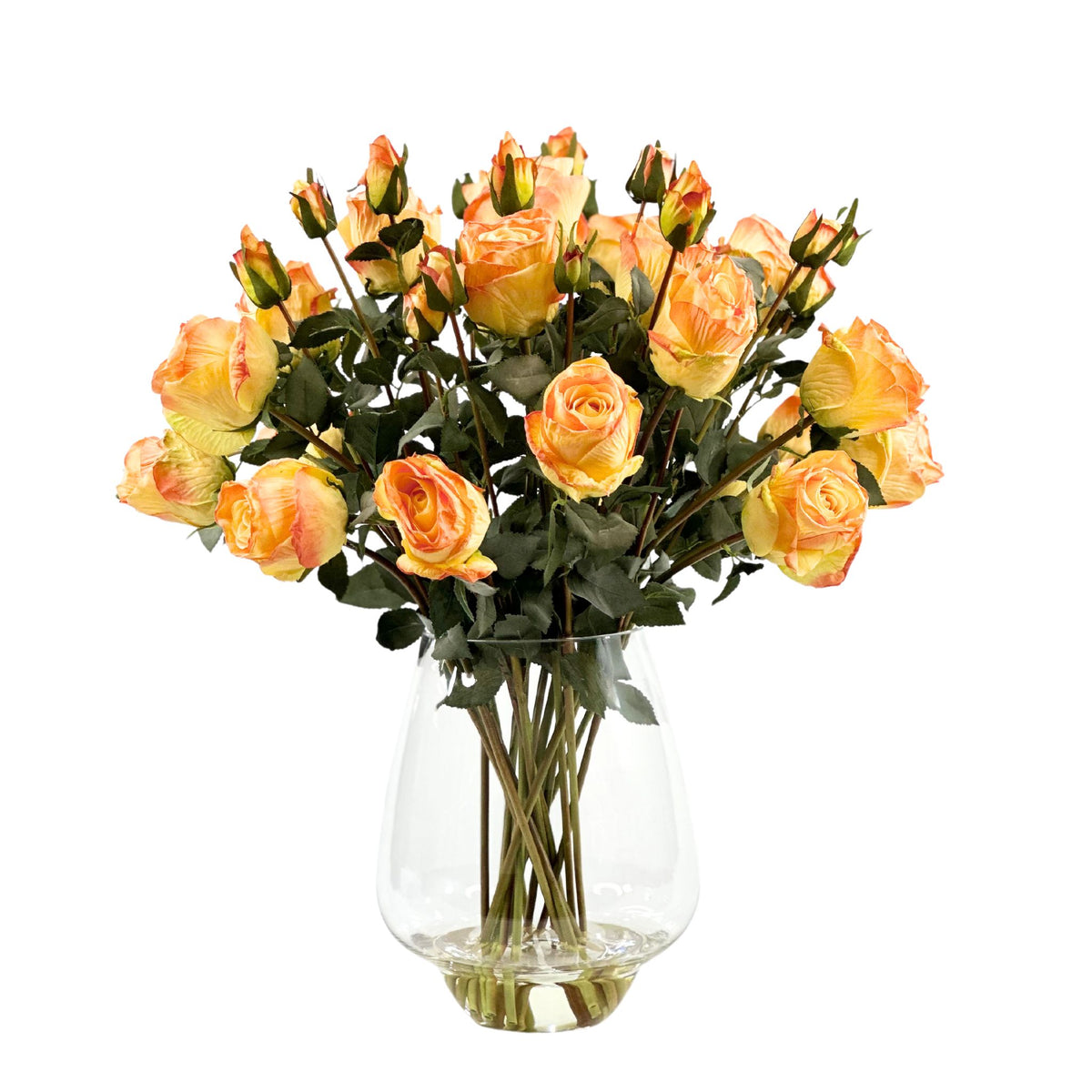 Roses Orange Silk Flower Arrangement in Pyramid Glass Vase. Front view. Plant Couture.