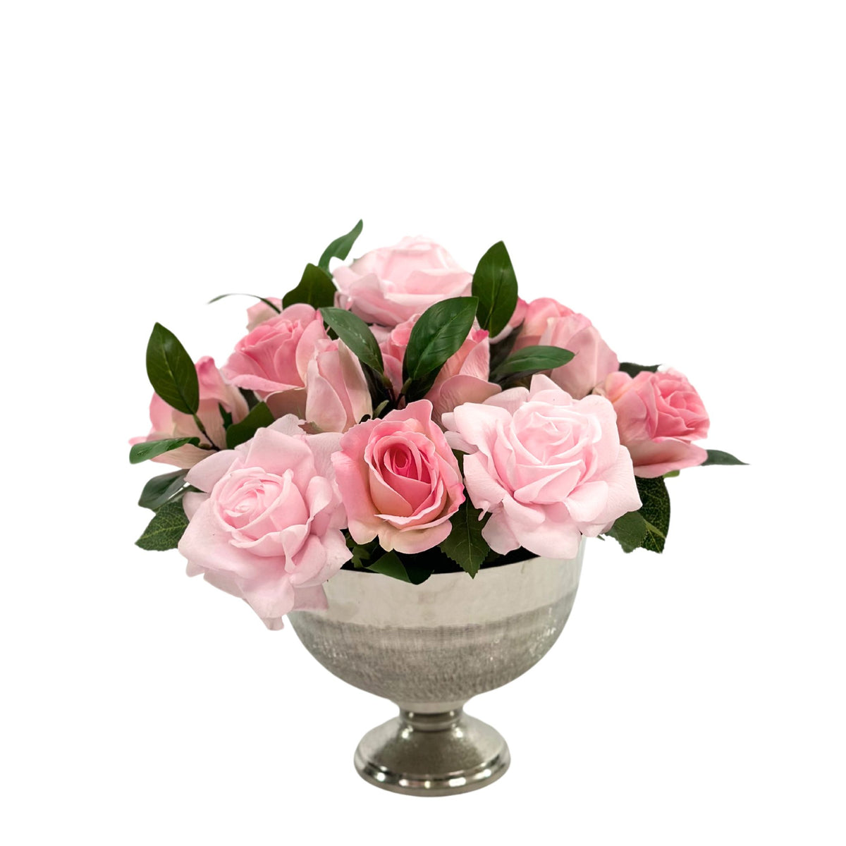 Roses Pink Silk Flower Arrangement in Silver Planter. Front view. Plant Couture.
