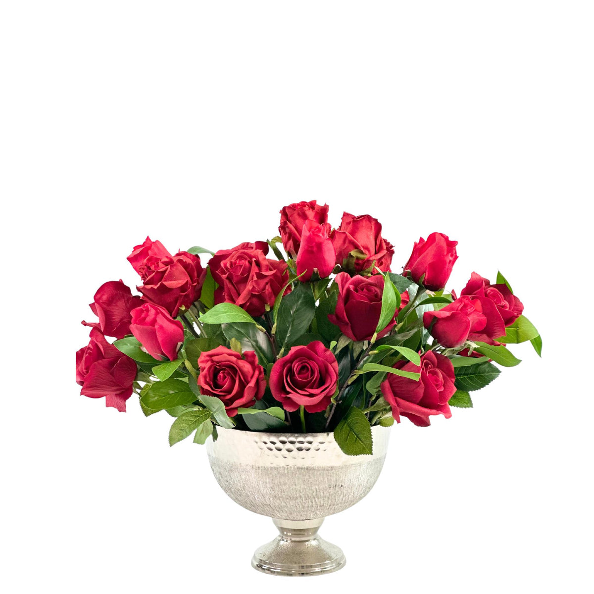 Rose Posie Red Silk Flower Arrangement in Silver Tin Planter. Full front view. Available from www.plantcouture.co.za