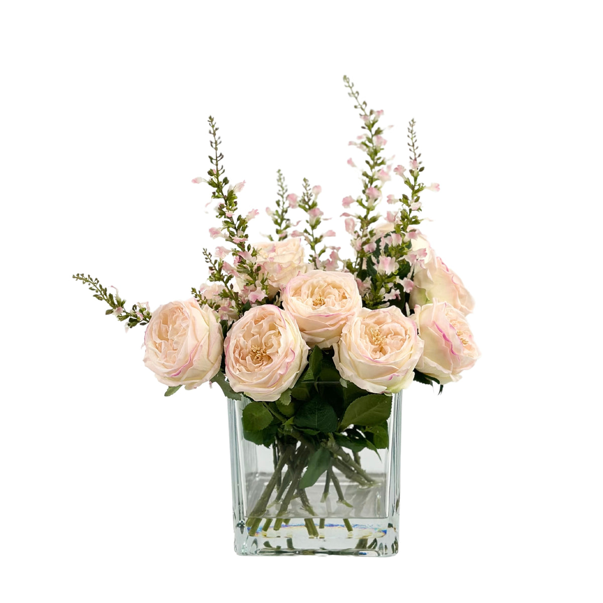 Cabbage Rose White Pink SILK FLOWER Arrangement in Square Glass Vase. Available from Plant Couture. www.plantcouture.co.za