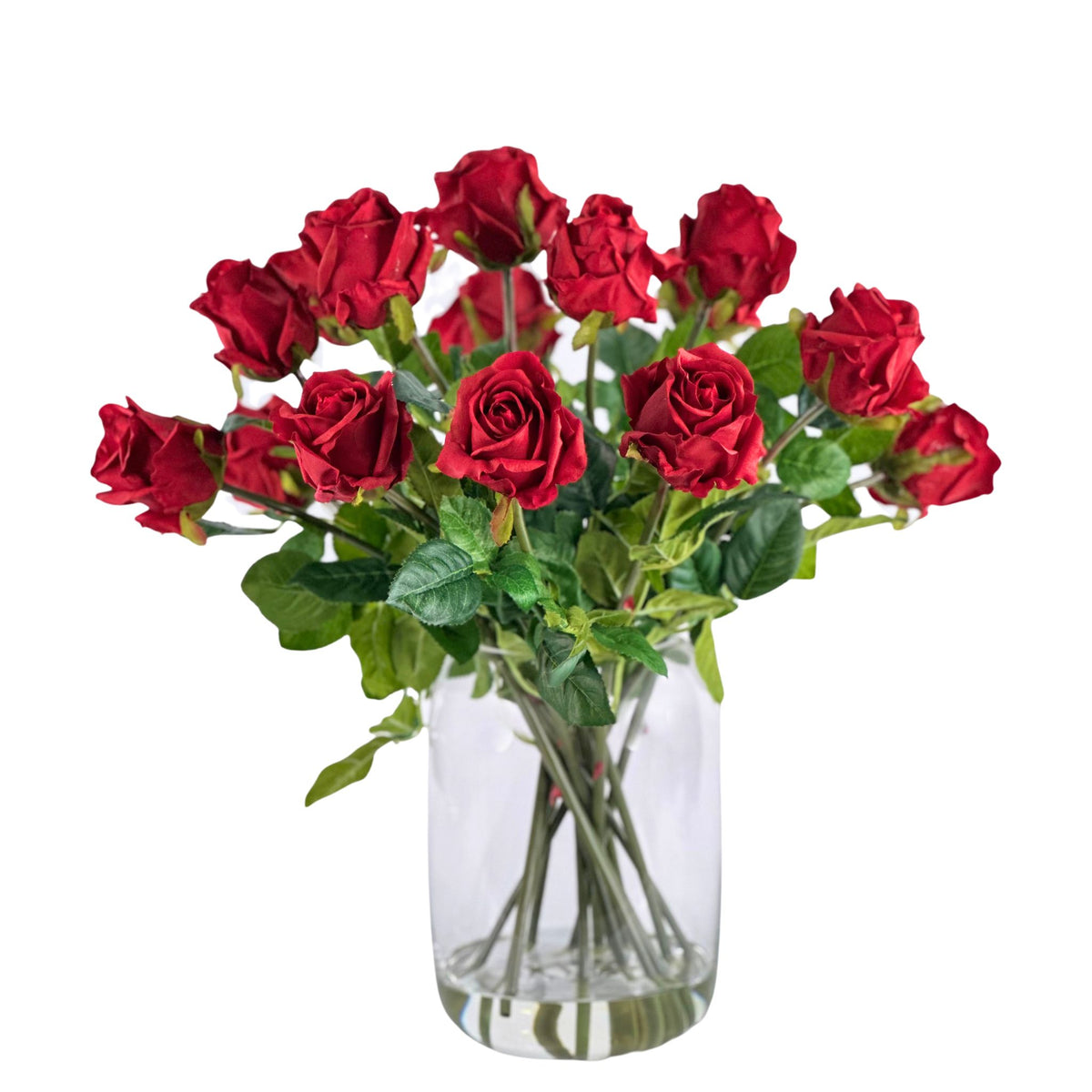 Rose Red Arrangement in Glass Barrel Vase. Front view of roses and vase. Available from Plant Couture.