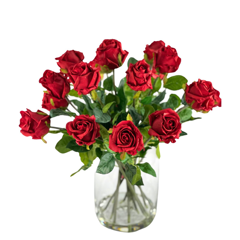 Rose Red Arrangement in Glass Barrel Vase. Top and Front view of roses and vase. Available from Plant Couture.