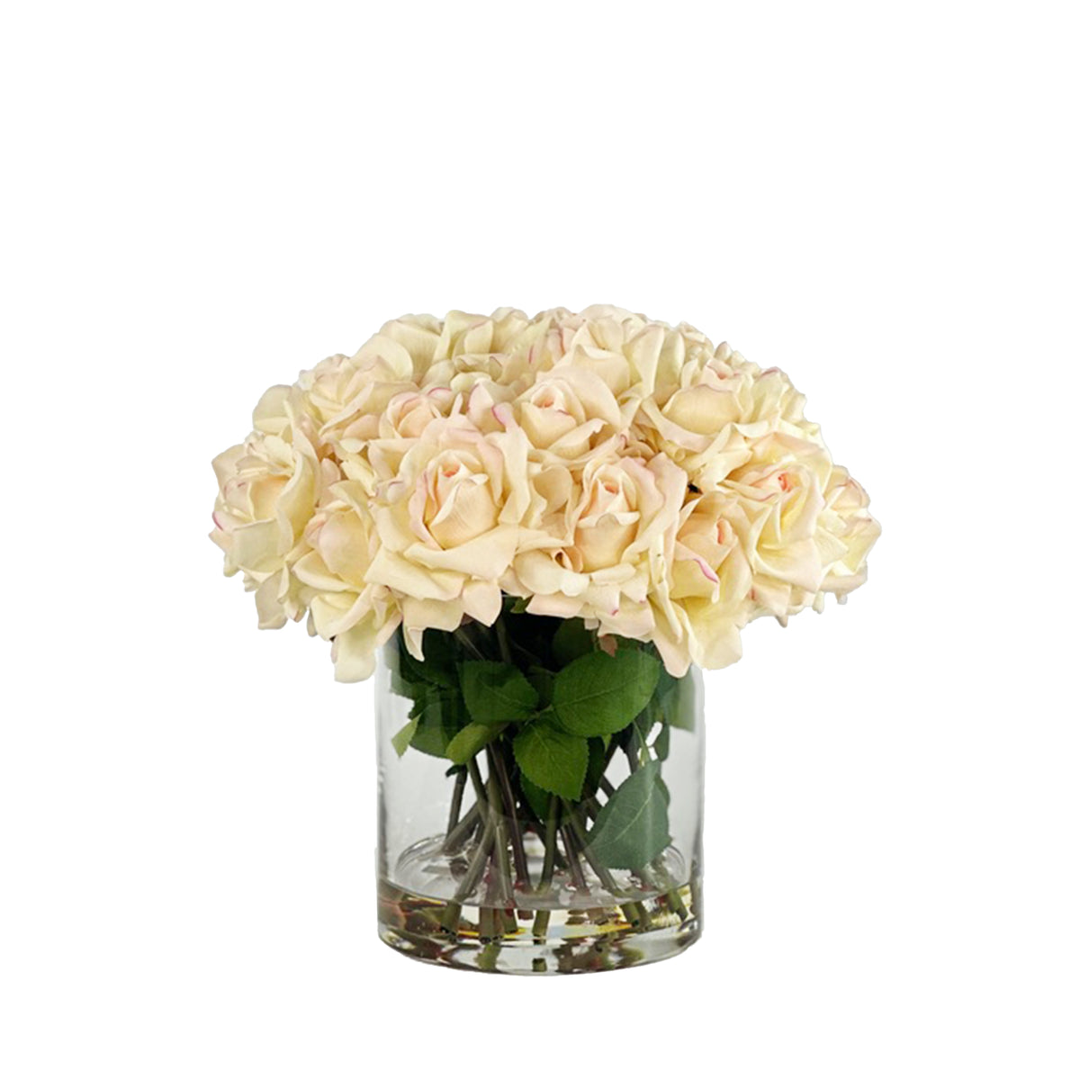Faux White pink roses in cylinder vase set in faux water