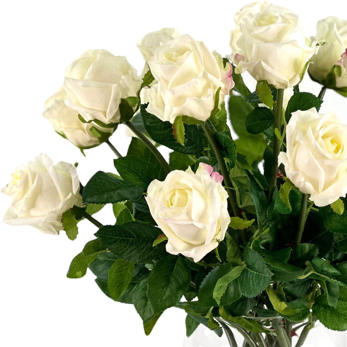 Rose White Arrangement in Glass. Close up view. Available from Plant Couture.