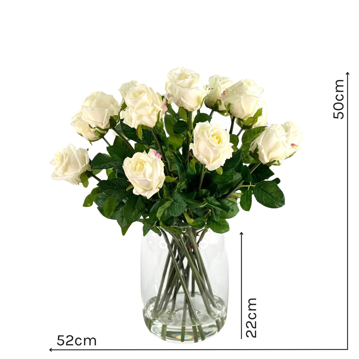 Rose White Arrangement in Glass. Full view with measurements. Available from Plant Couture.