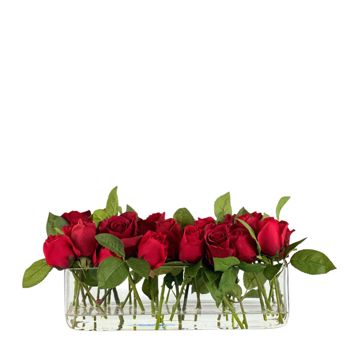 Rose Real Touch Arrangement in Glass Rectangular Vase. Front view. Available from Plant Couture.