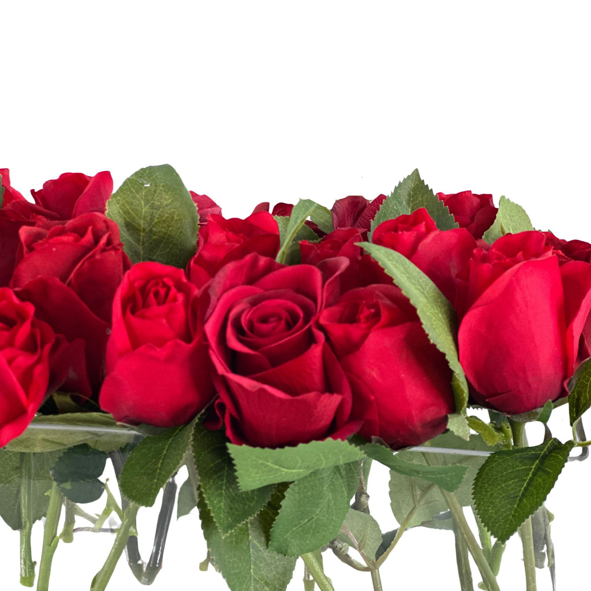 Rose Real Touch Arrangement in Glass Rectangular Vase. Close up view. Available from Plant Couture.