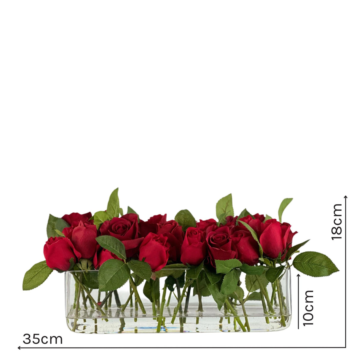 Rose Real Touch Arrangement in Glass Rectangular Vase. Front view with measurements. Available from Plant Couture.