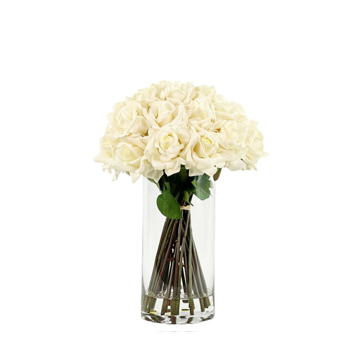 Artificial Open White roses in cylinder vase