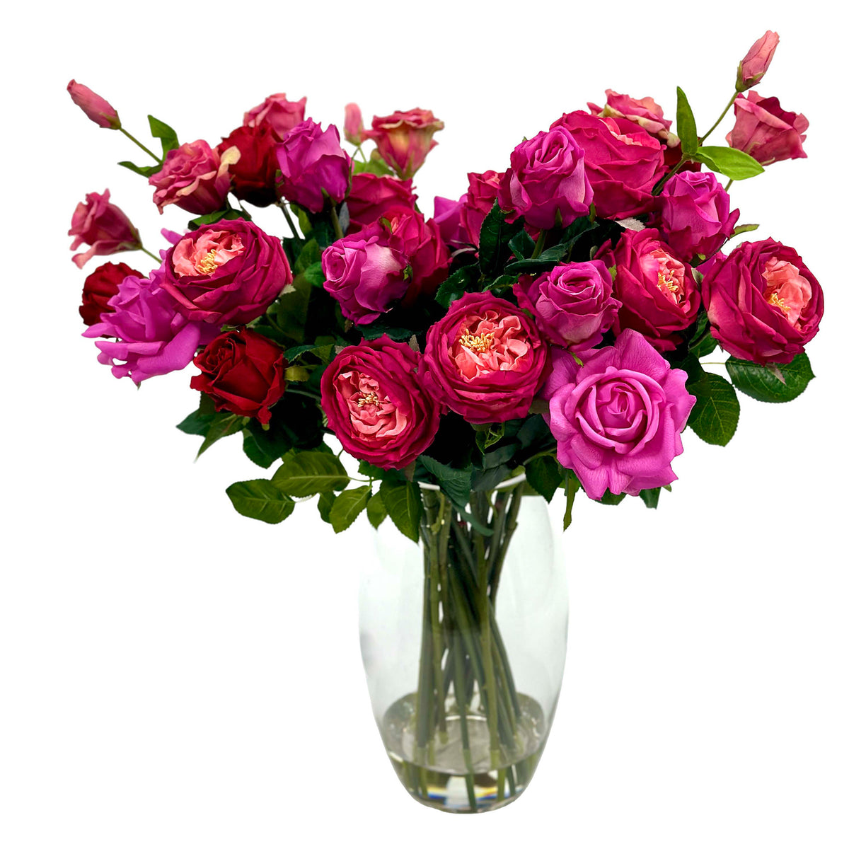 Arrangement of Mixed Rosed including Cabbage rose , Pink cerice Purple and red roses. 60cm high and 60cm wide - Set in glass vase with faux water