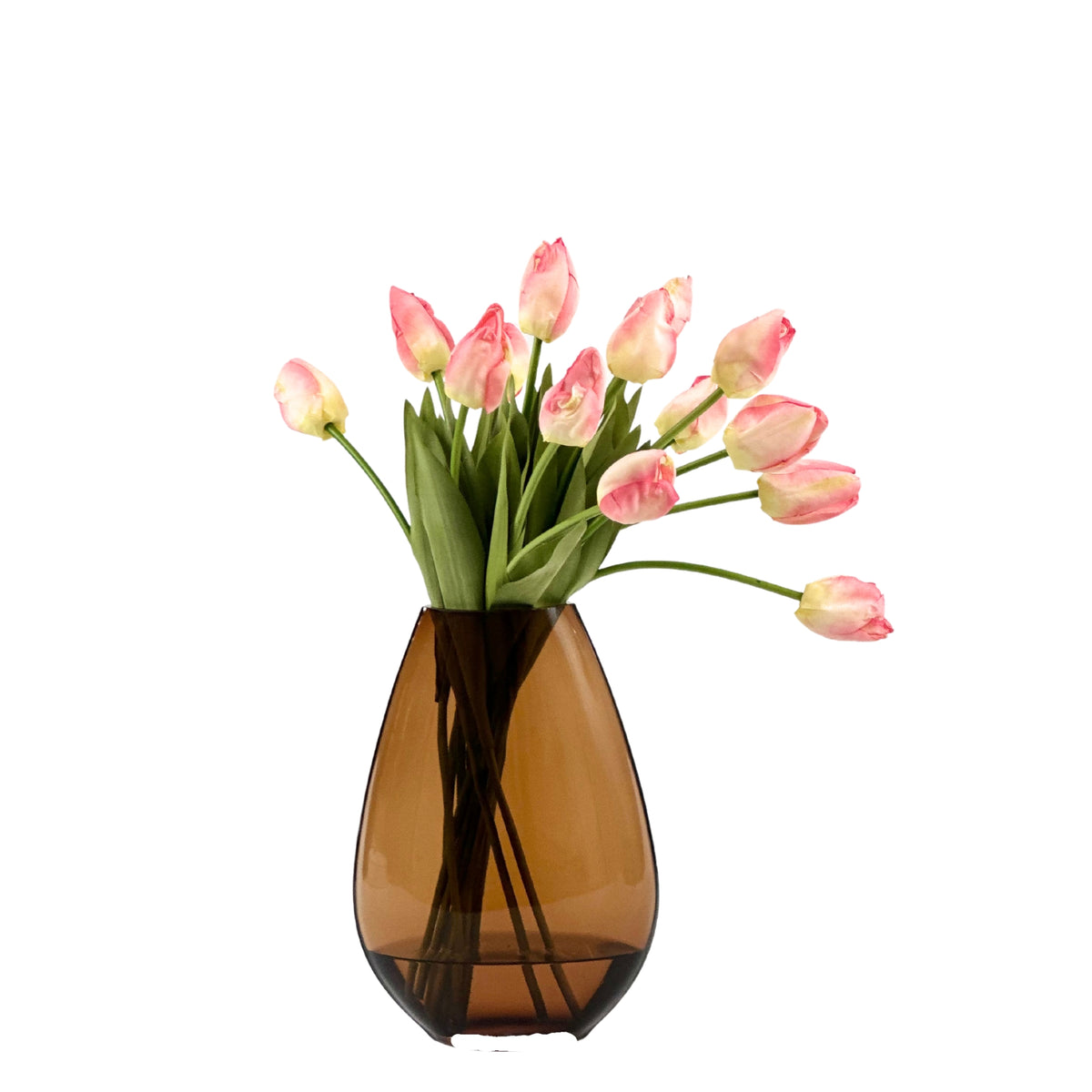 Tulip Pink Arrangement in Brown Tear Drop Glass Vase