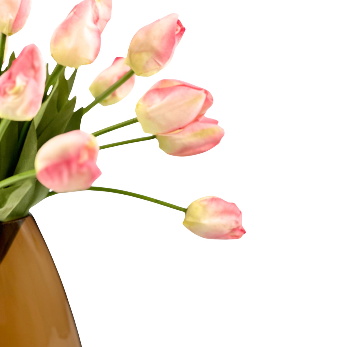 Tulip Pink Arrangement in Brown Tear Drop Glass Vase