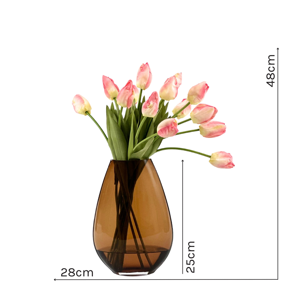 Tulip Pink Arrangement in Brown Tear Drop Glass Vase