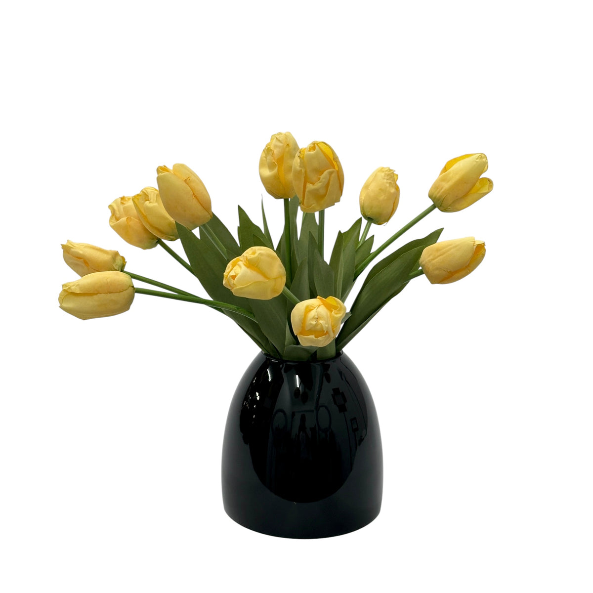Faux Tulip yellow arrangement in black glass vase