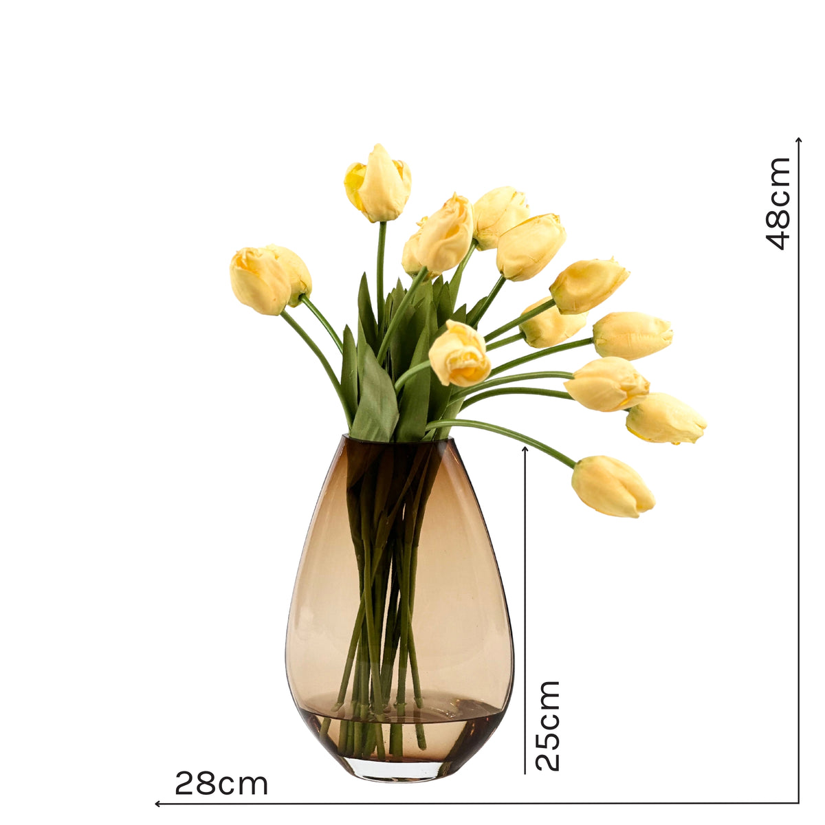 Tulip Yellow Arrangement in Brown Tear Drop Glass Vase