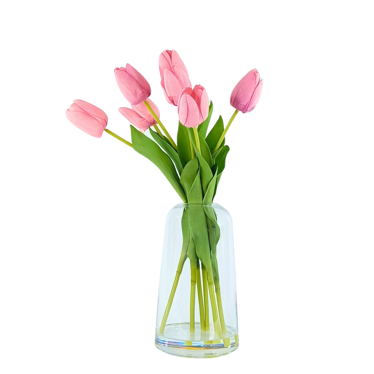 Tulip Pink Silk Flower Arrangement in Glass Vase. Full view of arrangement. Available from Plant Couture.