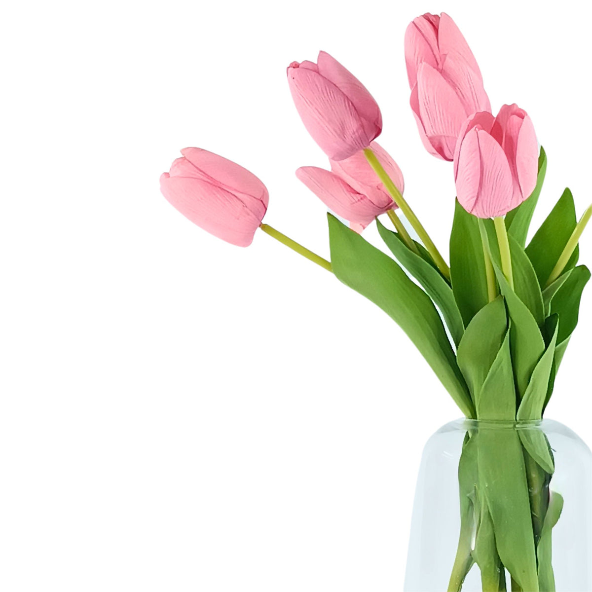 Tulip Pink Silk Flower Arrangement in Glass Vase. Close up of side of arrangement. Available from Plant Couture. 