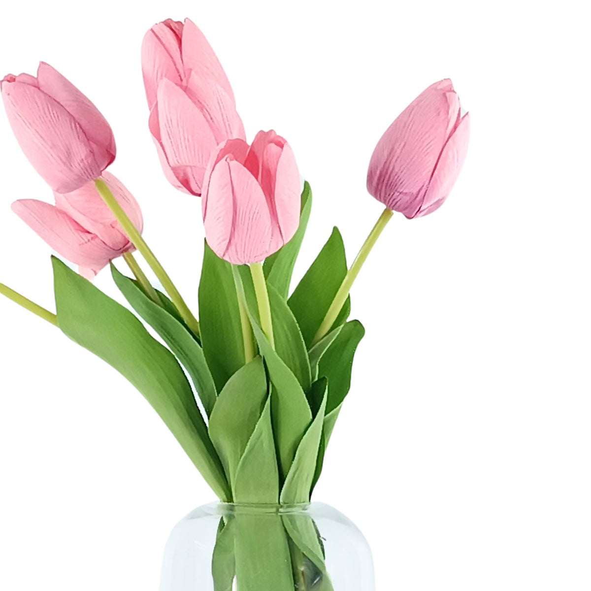 Tulip Pink Silk Flower Arrangement in Glass Vase. Close up of side of arrangement. Available from Plant Couture. 