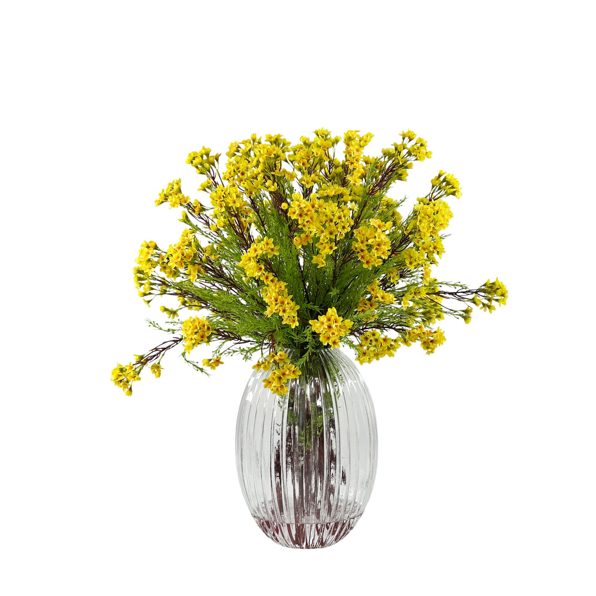 Artificial Wax Flower Arrangement Yellow in Glass Ribbed Vase Set in Faux Water