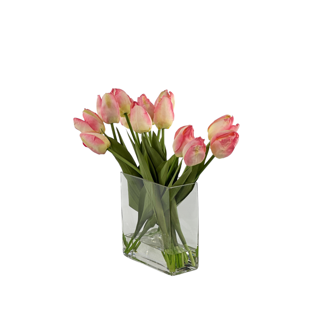 Clear glass vase with Silk pink tulips on a white background