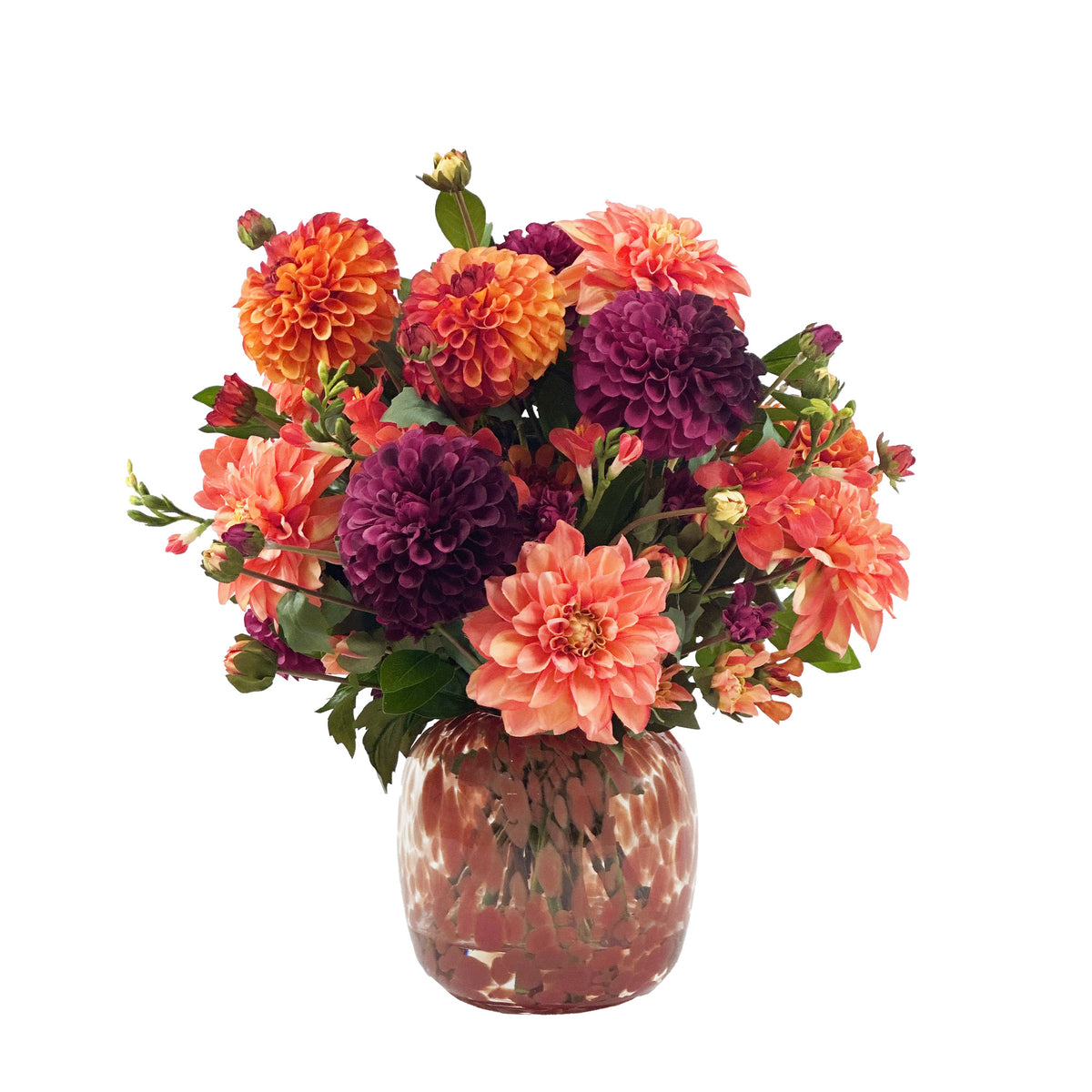 Mix Dahlia and Freezia Silk Flower Arrangement in Orange Glass Vase