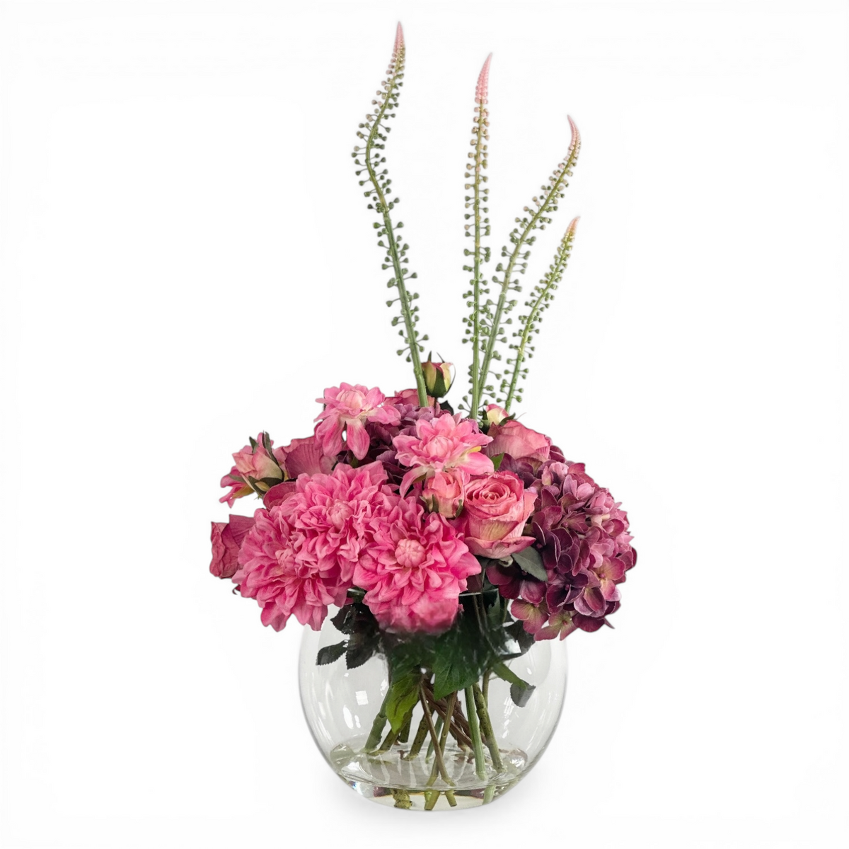 Mixed Pink and Mauve Hydrangea Rose Dahlia in Fishbowl Glass Vase