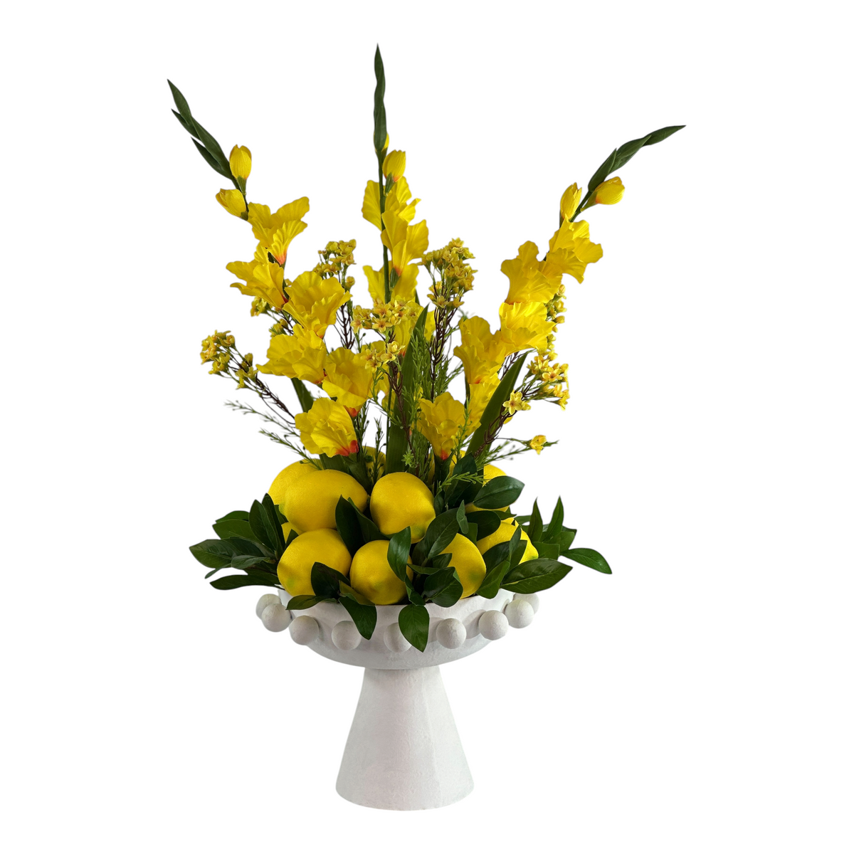 Gladiolus Yellow Arrangement with Lemons in a White Bubble Footed Planter