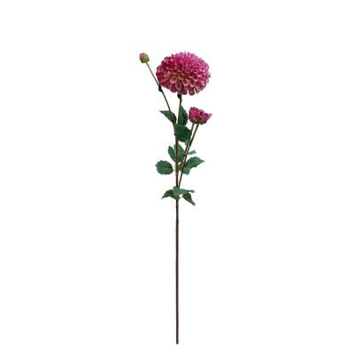 Dahlia Pom Pom Purple Pink Silk Flower Stem. Standing at 80cm tall. Close up view. Tall view. Buy from Plant Couture. www.plantcouture.co.za
