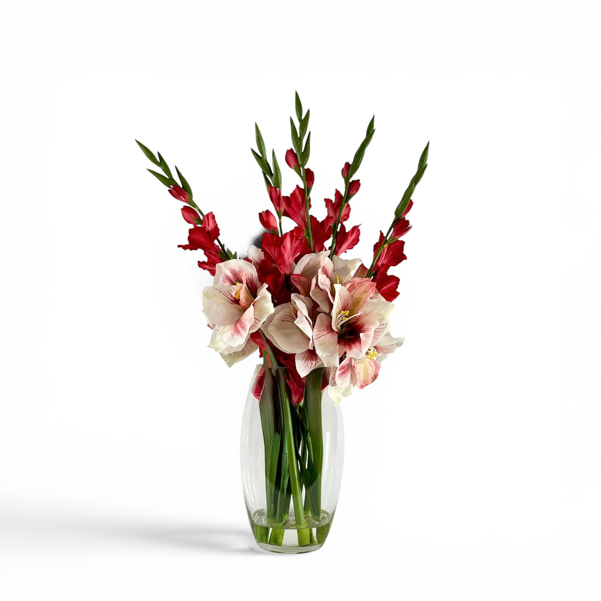 Artificial Amaryllis Gladiolus & Rose Mix Arrangement in Glass Vase