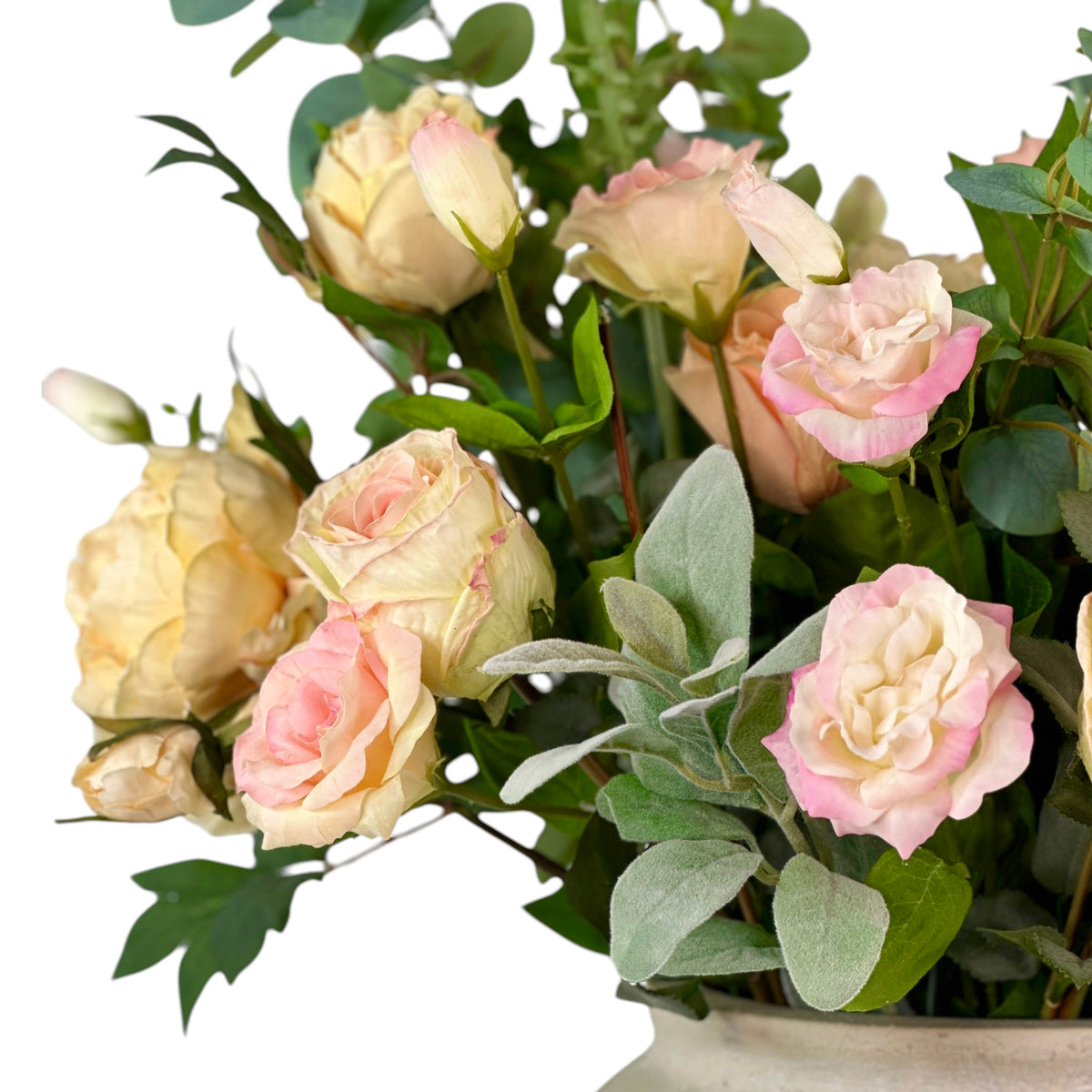Mixed Peony Rose and Lusianthus Arrangement in Beige Planter