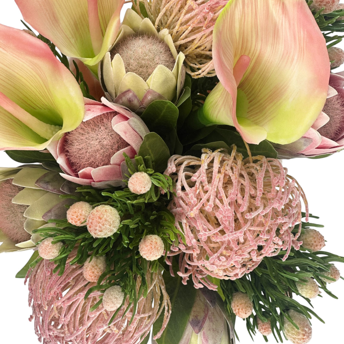 Protea Pincushion and Arum Lily in Speckled Glass Vase