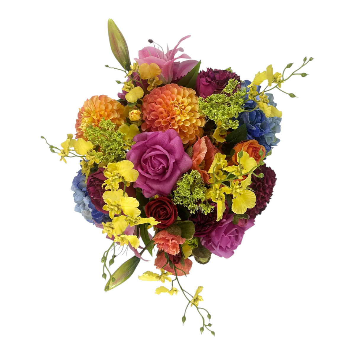 Mixed Rose Lily and Dancing Orchid Arrangement in Glass Vase