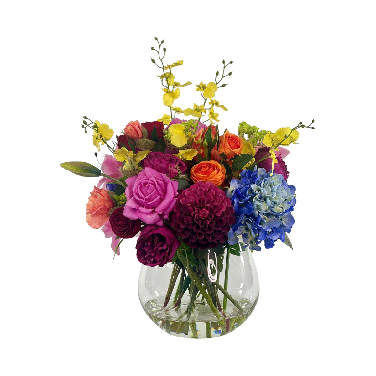 Mixed Rose Lily and Dancing Orchid Arrangement in Glass Vase