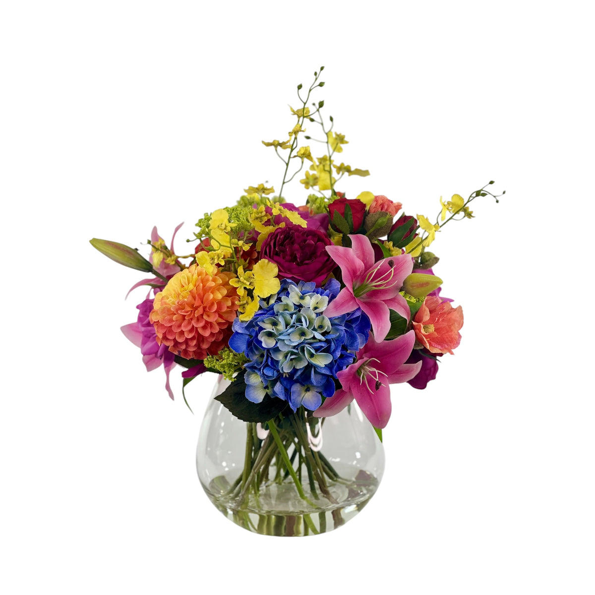 Mixed Rose Lily and Dancing Orchid Arrangement in Glass Vase