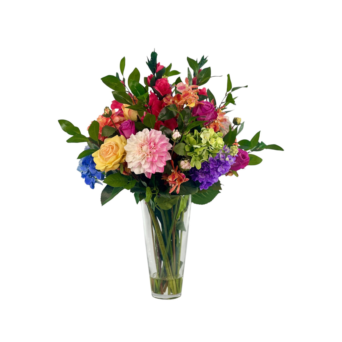 Mixed Hydrangea Roses and Snapdragon Arrangement in a Glass Vase
