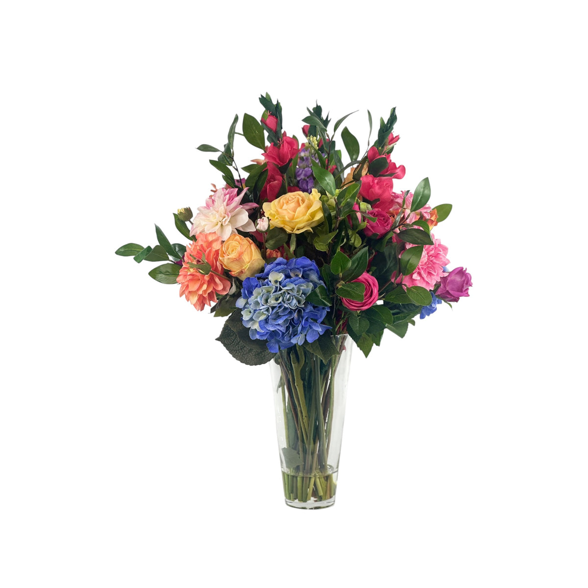 Mixed Hydrangea Roses and Snapdragon Arrangement in a Glass Vase
