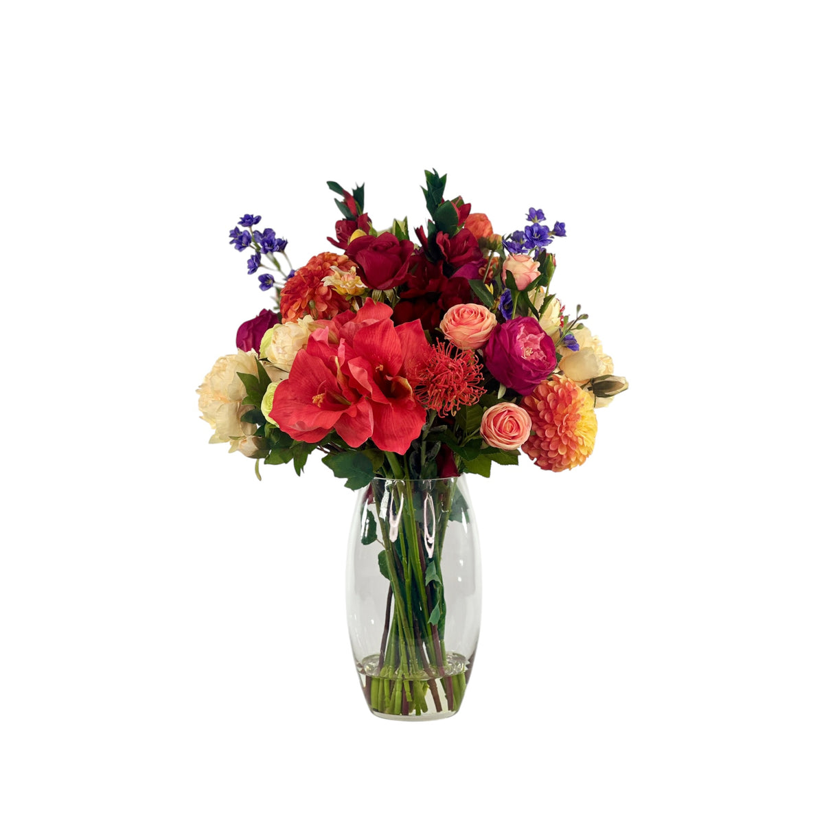 Mixed Dahlia Pompom and Gladiolus Arrangement in a Glass Vase