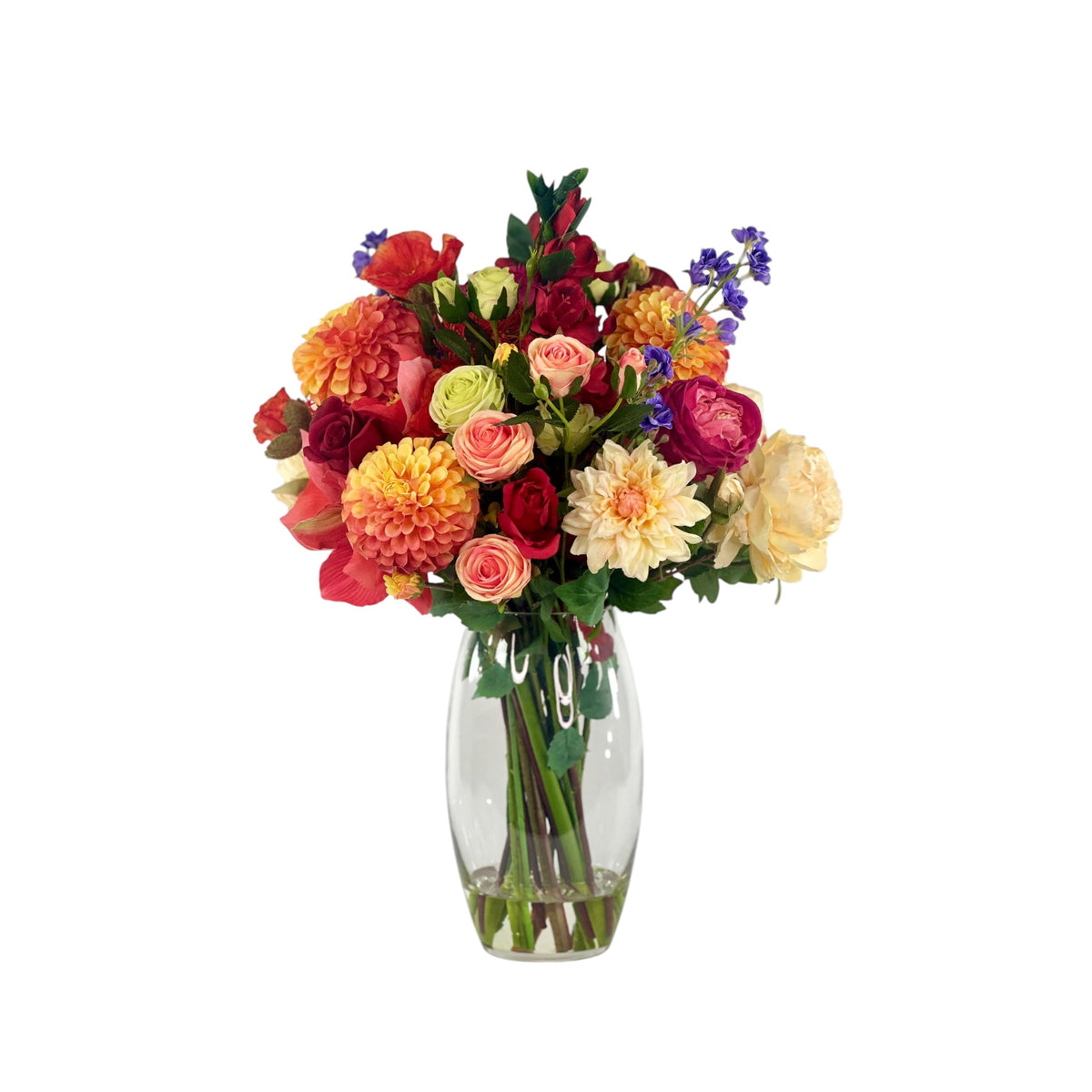 Mixed Dahlia Pompom and Gladiolus Arrangement in a Glass Vase