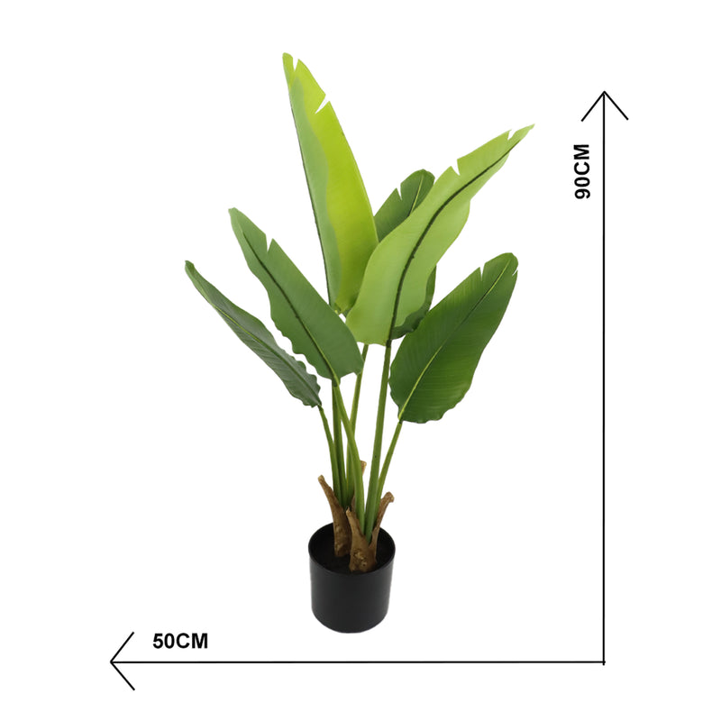 Potted faux Strelitzia plant 90cm with dimensions indicated on a white background