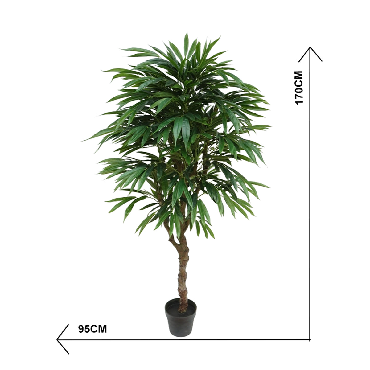 Potted faux eucalyptus tree with dimensions indicated on a white background