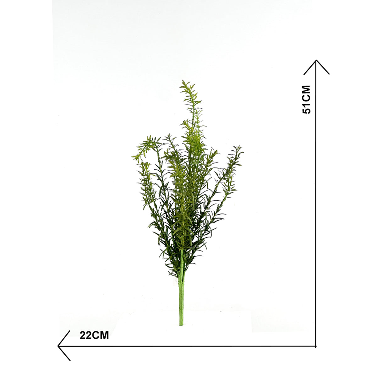 Artificial Rosemary plant with dimensions indicated on a white background