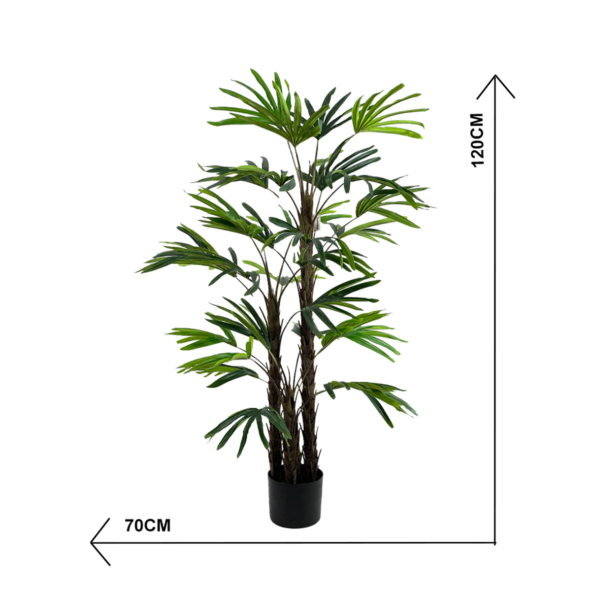 Artificial potted Rhapis plant with dimensions indicated on a white background