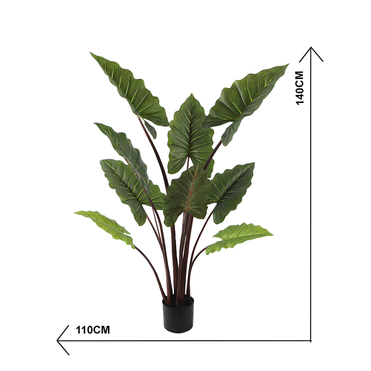 Artificial potted Elephant ear plant with dimensions indicated on a white background