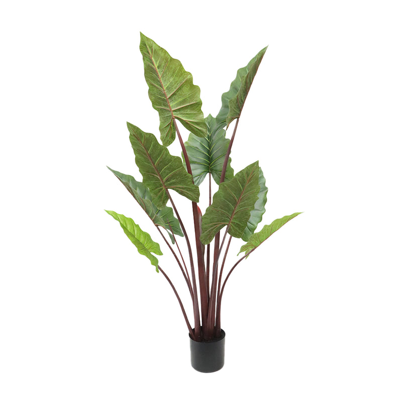 Artificial potted ElephanT Ear plant with large green leaves on a white background