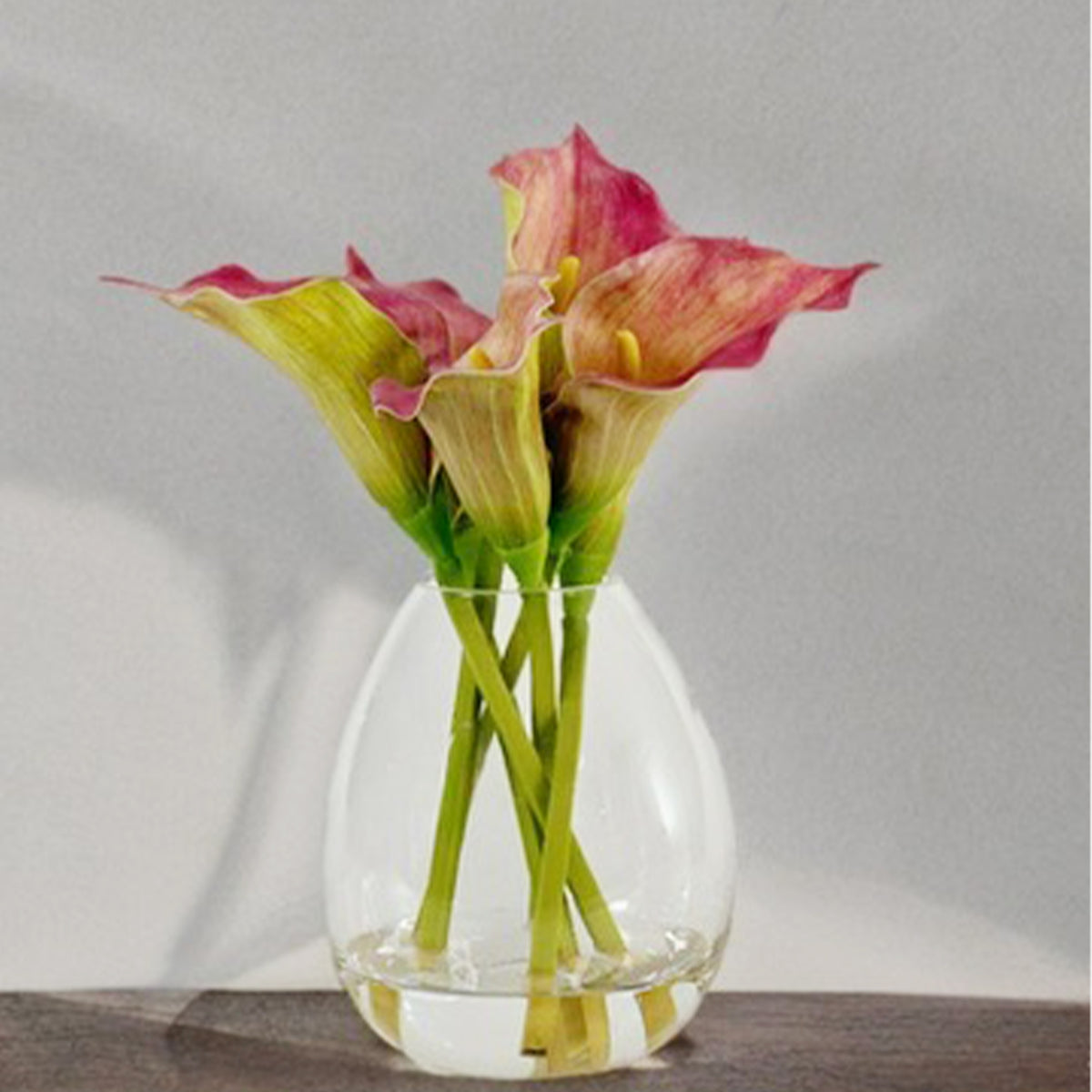 Faux Arum Lily Pink-Green Arrangement  set in Faux Water in Teardrop Vase